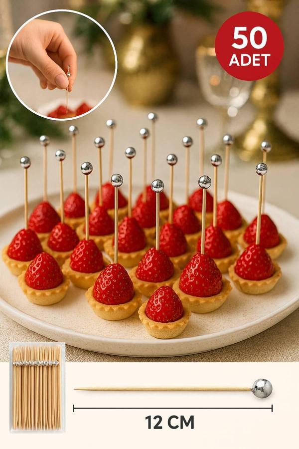 50’li Gümüş Top Başlıklı 12 cm Bambu Kürdan Seti – Kokteyl, Tatlı ve Davet Sunumları İçin Şık Seçim - Image 1