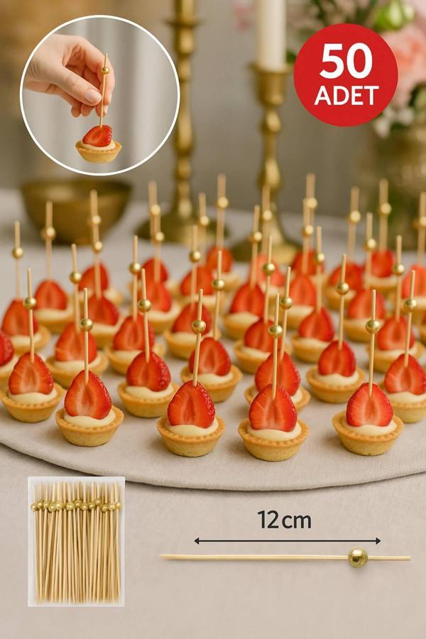 50’li Altın Top Başlıklı 12 cm Bambu Kürdan Seti – Kokteyl, Tatlı ve Davet Sunumları İçin Şık Seçim - Image 1