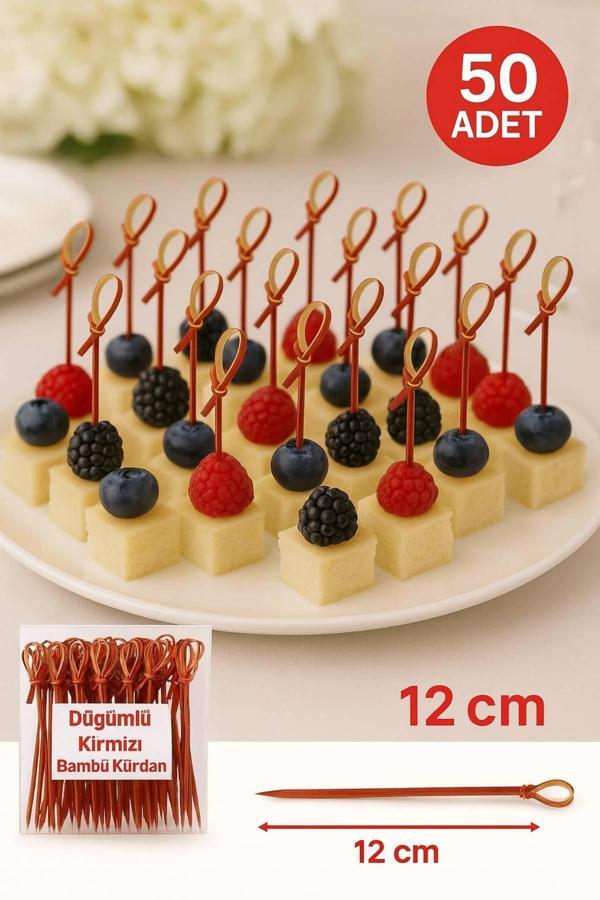 Düğümlü Kırmızı Bambu Kürdan – 12 cm, Şık Davet ve Kokteyl Sunum Çubuğu (50’li Paket) - Image 1