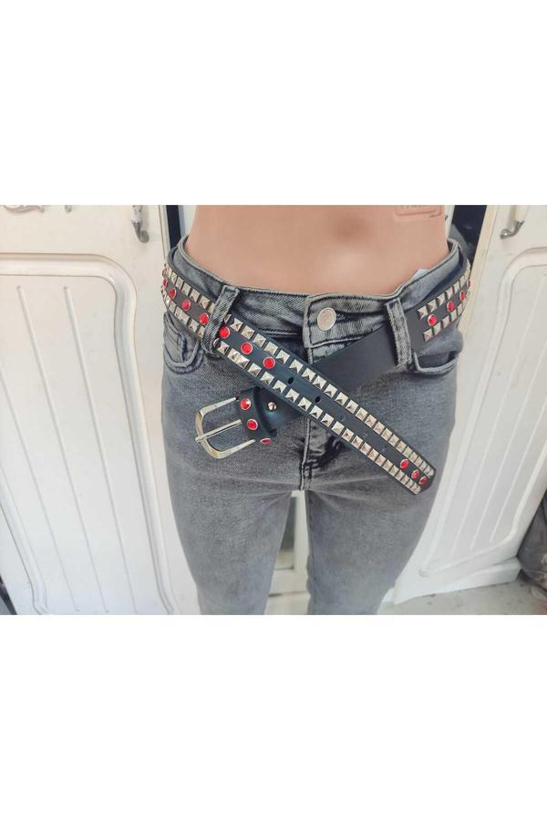 Mfc Siyah Kırmızı Taş Ve Piramit Desenli Suni Deri Kemer - Image 1