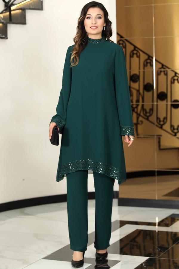 Umay Şifon Tunik Pantolon İkili Tesettür Takım Zümrüt - Image 1