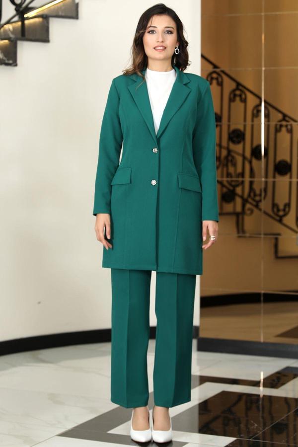Parla Uzun Ceket Pantolon İkili Tesettür Takım Zümrüt - Image 1