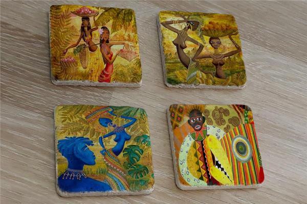 Aborjin Kabile Üyeleri Etnik Doğal Taş Bardak Altlığı 4'lü set - Natural Stone Coasters - Image 1