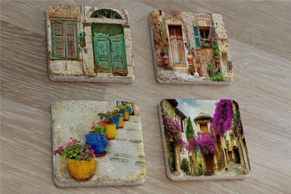 Ahşap Kapılar Vazoda Çiçekler ve Begonviller Doğal Taş Bardak Altlığı 4'lü set - Natural Stone Coasters - Image 1