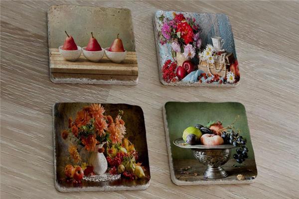 Armut Meyveler ve Çiçekler Doğal Taş Bardak Altlığı 4'lü set - Natural Stone Coasters - Image 1