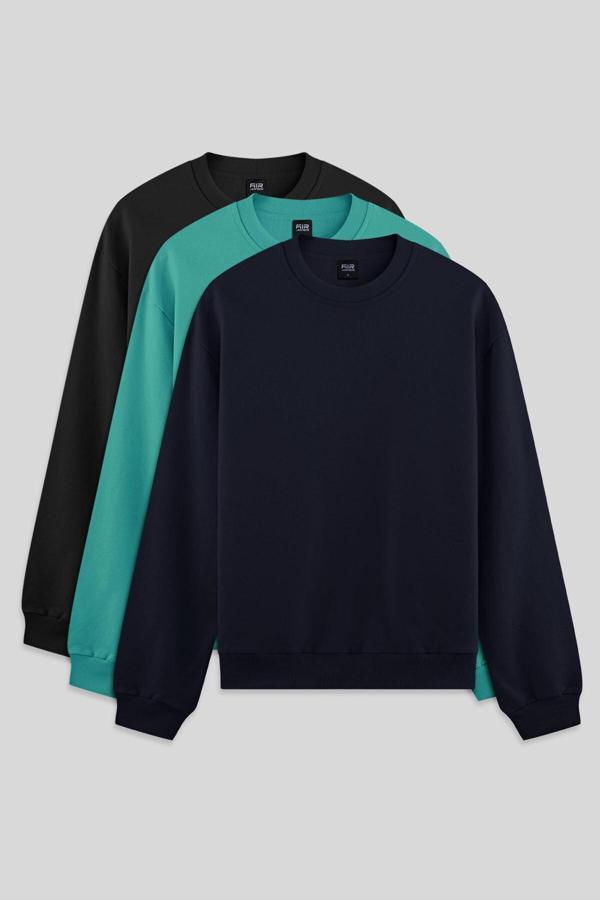 Standart Fit Basic O Yaka 3lü Paket Siyah-Lacivert-Deniz Yeşili Erkek Sweatshirt - 88363 - Image 1