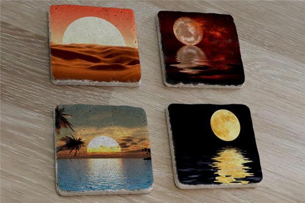 Ay ve Gün Batımı Manzaralar Doğal Taş Bardak Altlığı 4'lü set - Natural Stone Coasters - Image 1