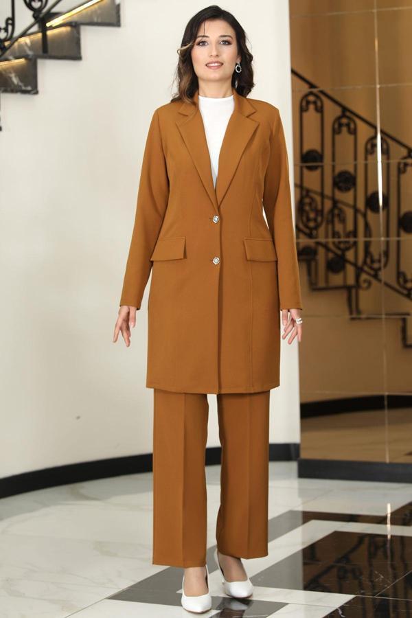 Parla Uzun Ceket Pantolon İkili Tesettür Takım Taba - Image 1