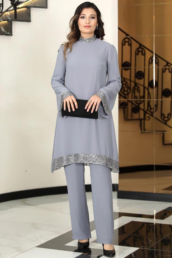 Umay Şifon Tunik Pantolon İkili Tesettür Takım Gri - Image 1