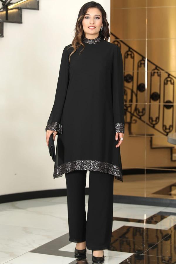 Umay Şifon Tunik Pantolon İkili Tesettür Takım Siyah - Image 1