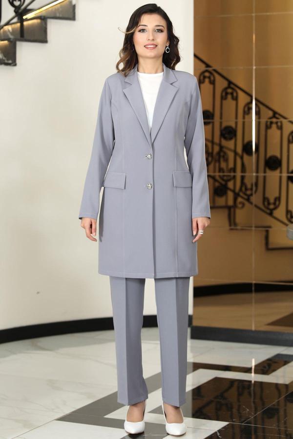 Parla Uzun Ceket Pantolon İkili Tesettür Takım Gri - Image 1