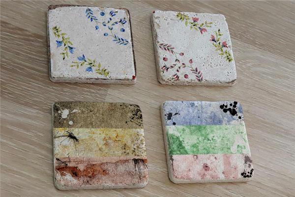 Çiçekli Desenler Doğal Taş Bardak Altlığı 4'lü set - Natural Stone Coasters - Image 1