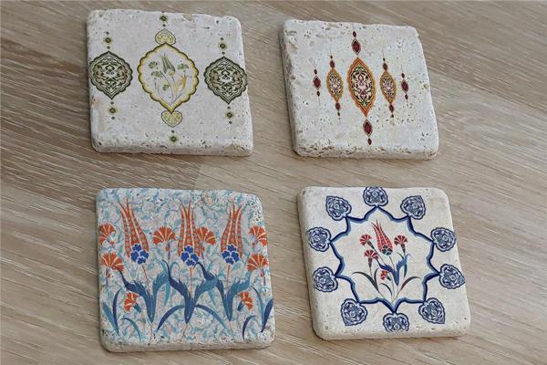 Çini Desenleri Doğal Taş Bardak Altlığı 4'lü set - Natural Stone Coasters - Image 1