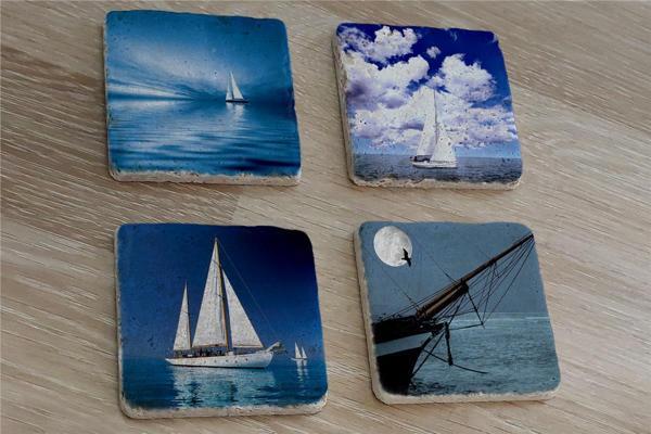 Deniz ve Yelkenliler Doğal Taş Bardak Altlığı 4'lü set - Natural Stone Coasters - Image 1