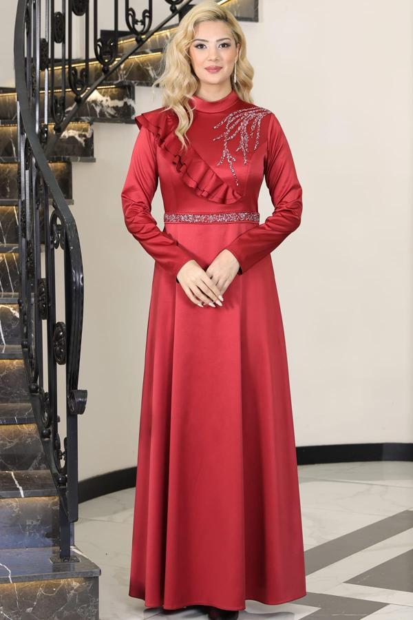 Ada Saten Taşlı Tesettür Abiye Bordo - Image 1