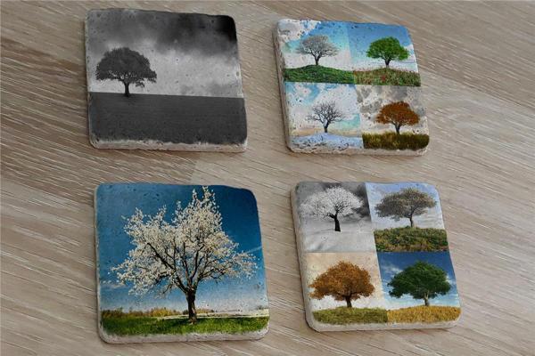 Dört Mevsim Ağaçlar Doğal Taş Bardak Altlığı 4'lü set - Natural Stone Coasters - Image 1