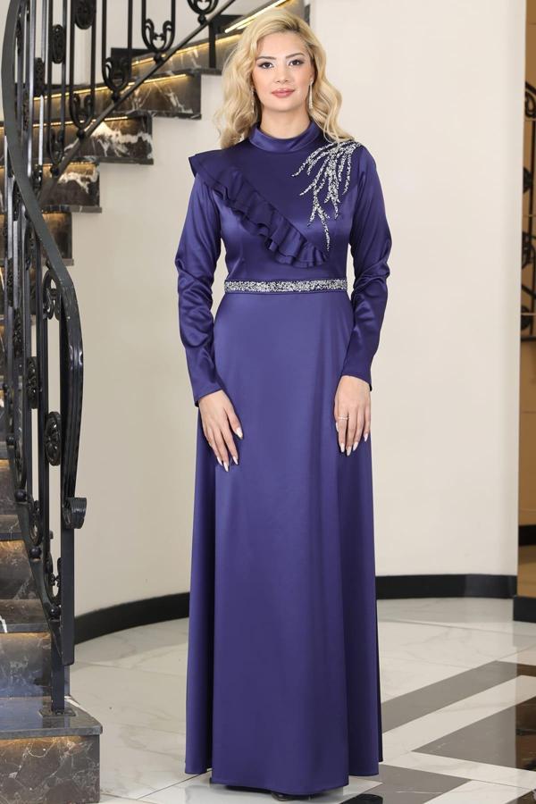 Ada Saten Taşlı Tesettür Abiye Lacivert - Image 1