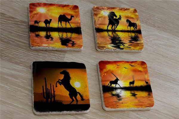 Egzotik Hayvanlar Deve At Antilop Doğal Taş Bardak Altlığı 4'lü set - Natural Stone Coasters - Image 1