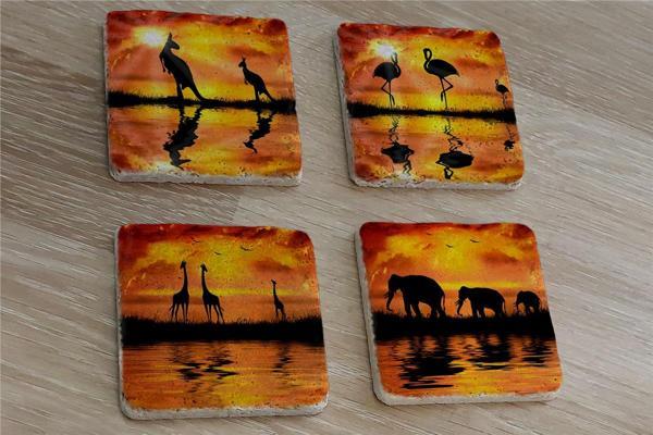Egzotik Hayvanlar Fil Zürafa Flamingo Kanguru Doğal Taş Bardak Altlığı 4'lü set - Natural Stone Coasters - Image 1