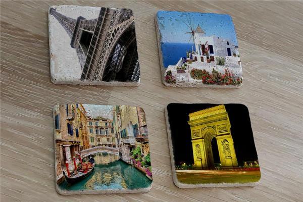 Eyfel Kulesi Santorini Venedik ve Zafer Takı Doğal Taş Bardak Altlığı 4'lü set - Natural Stone Coasters - Image 1