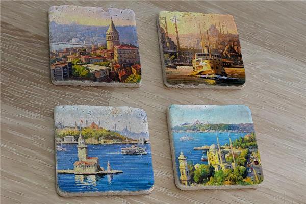 Galata Eminönü Kız Kulesi ve Ortaköy Doğal Taş Bardak Altlığı 4'lü set - Natural Stone Coasters - Image 1