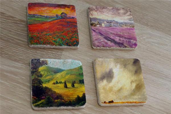 Gelincik Tarlası ve Doğa Manzaraları Doğal Taş Bardak Altlığı 4'lü set - Natural Stone Coasters - Image 1