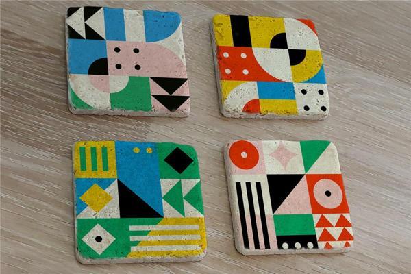 Geometrik Desenler Doğal Taş Bardak Altlığı 4'lü set - Natural Stone Coasters - Image 1