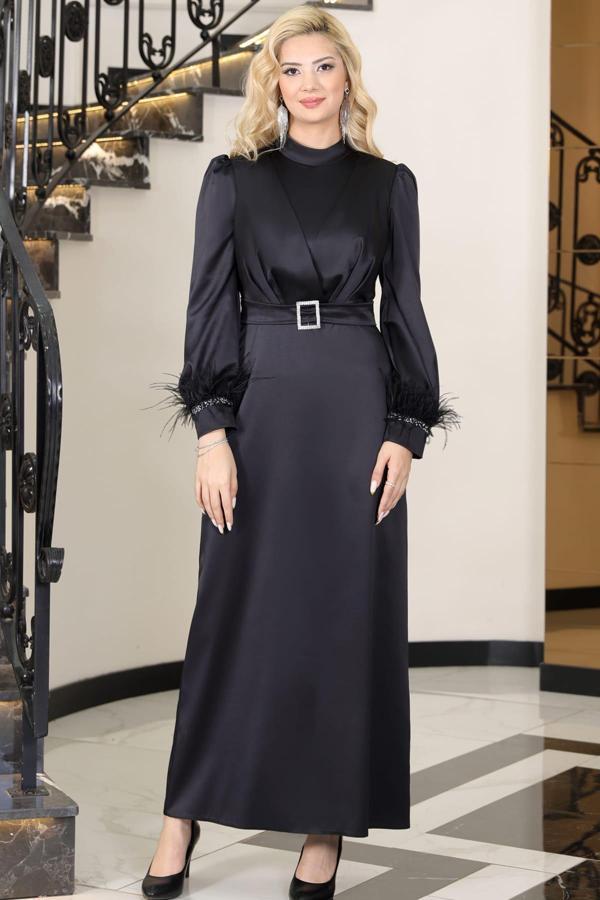 Lara Kemerli Saten Tesettür Abiye Siyah - Image 1