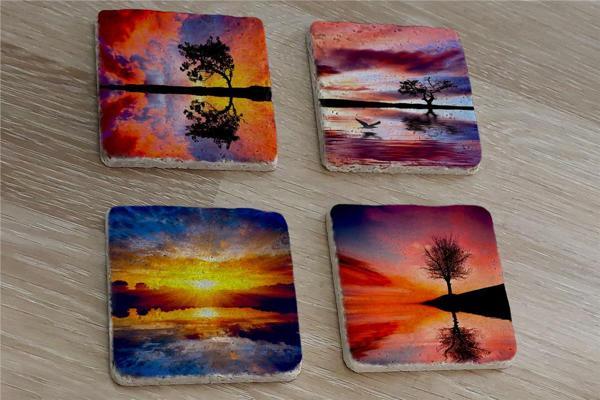 Gün Batımı Tek Ağaçlar Doğal Taş Bardak Altlığı 4'lü set - Natural Stone Coasters - Image 1