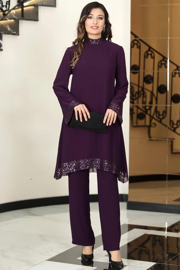 Umay Şifon Tunik Pantolon İkili Tesettür Takım Mürdüm - Image 1