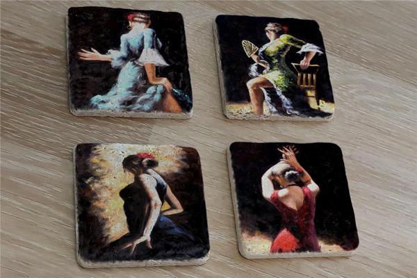 İspanyol Dansçı Kadınlar Doğal Taş Bardak Altlığı 4'lü set - Natural Stone Coasters - Image 1