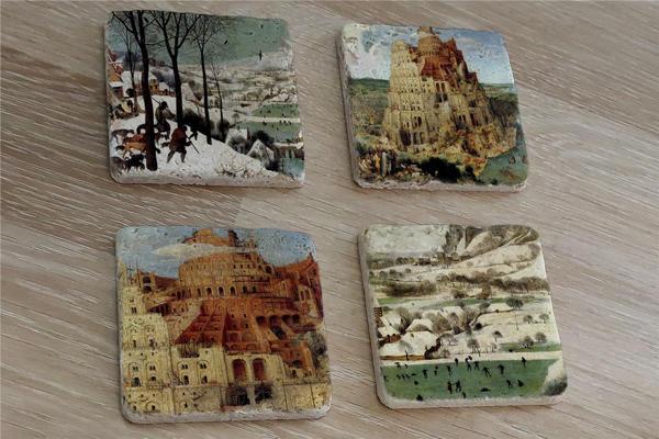 Pieter Brueghel Babil Kulesi ve Eserleri  Doğal Taş Bardak Altlığı 4'lü set - Natural Stone Coasters - Image 1
