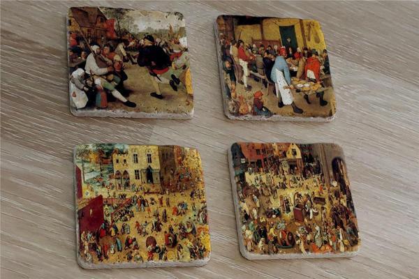 Pieter Brueghel Çocuk Oyunları ve Eserleri  Doğal Taş Bardak Altlığı 4'lü set - Natural Stone Coasters - Image 1