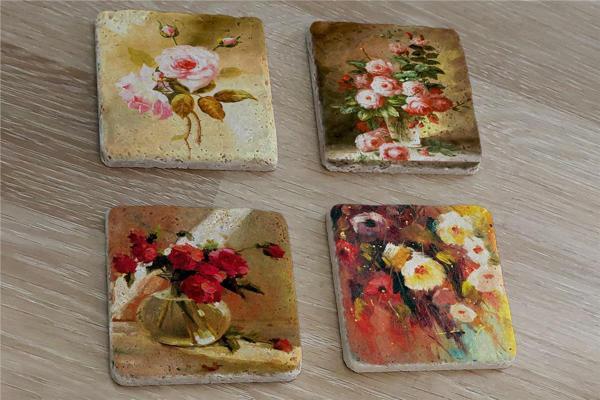 Renkli Güller Doğal Taş Bardak Altlığı 4'lü set - Natural Stone Coasters - Image 1