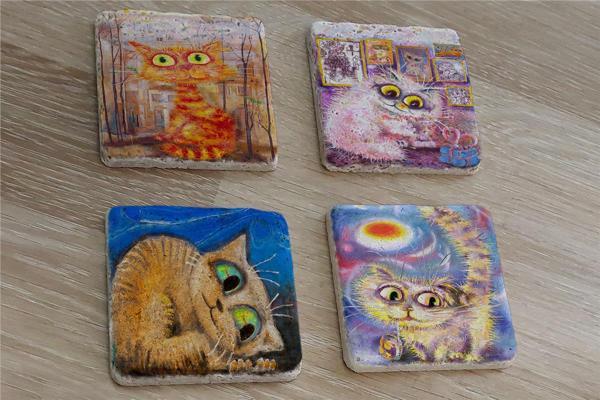 Renkli Kediler Doğal Taş Bardak Altlığı 4'lü set - Natural Stone Coasters - Image 1