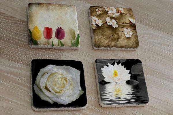 Renkli Laleler ve Çiçekler Doğal Taş Bardak Altlığı 4'lü set - Natural Stone Coasters - Image 1