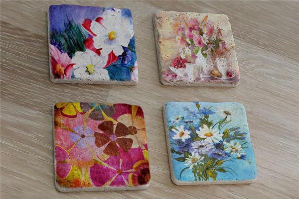 Renkli Papatyalar Doğal Taş Bardak Altlığı 4'lü set - Natural Stone Coasters - Image 1