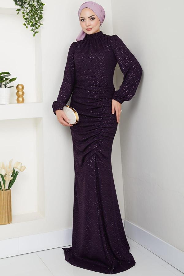 Puantiye Desenli Rüya Tesettür Abiye Mürdüm - Image 1