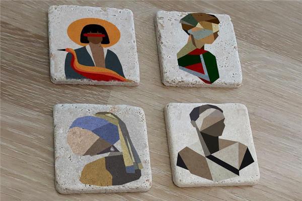 Renkli Vektör İnci Küpeli Kız ve Portreler Doğal Taş Bardak Altlığı 4'lü set - Natural Stone Coasters - Image 1