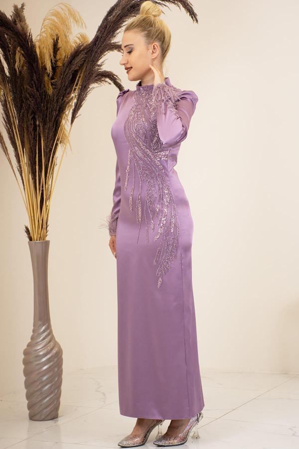 Önü Boncuk Aplik İşleme Kolları Tüylü Nara Tesettür Abiye Gül Kurusu - Image 1