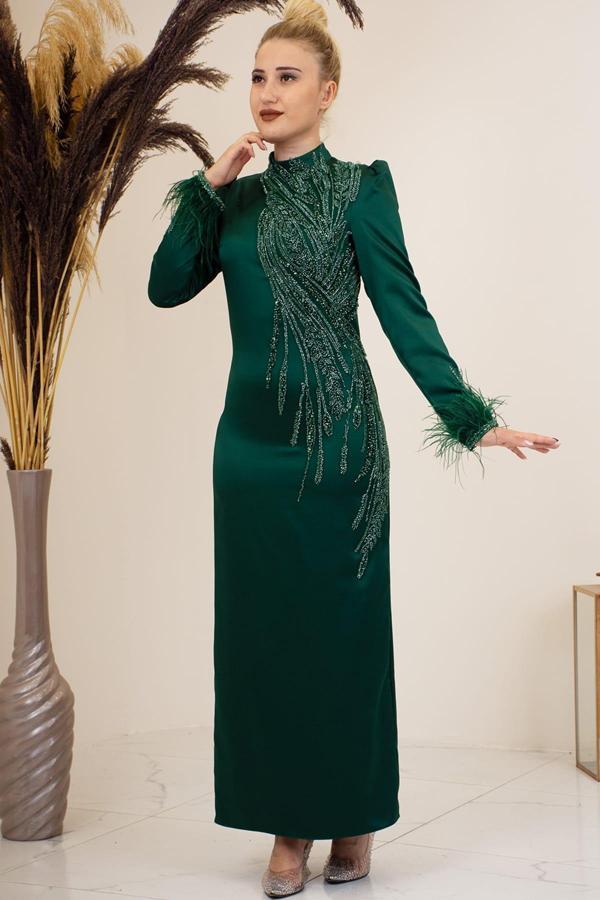 Önü Boncuk Aplik İşleme Kolları Tüylü Nara Tesettür Abiye Zümrüt - Image 1