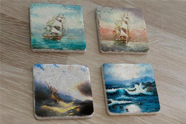 Ivan Aivazovsky Deniz ve Yelkenliler Doğal Taş Bardak Altlığı 4'lü set - Natural Stone Coasters - Image 1