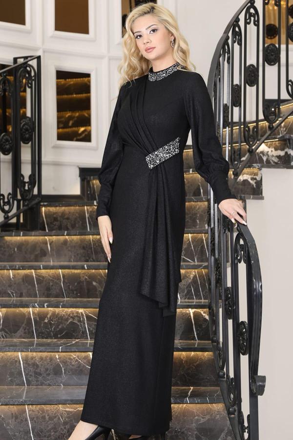 Açelya Sarkaçlı Taşlı Tesettür Abiye Siyah - Image 1