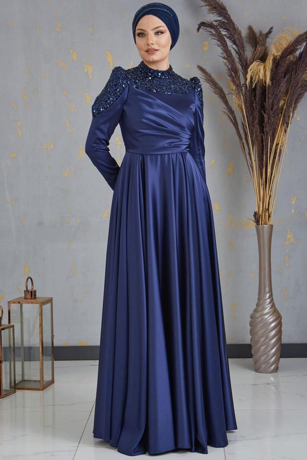 Bersu Önü Pul Boncuk İşlemeli Tesettür Abiye Lacivert - Image 1