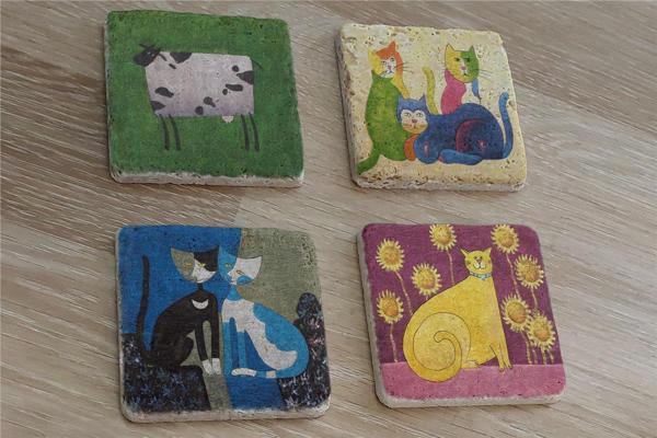 Sevimli Kediler ve İnek Doğal Taş Bardak Altlığı 4'lü set - Natural Stone Coasters - Image 1