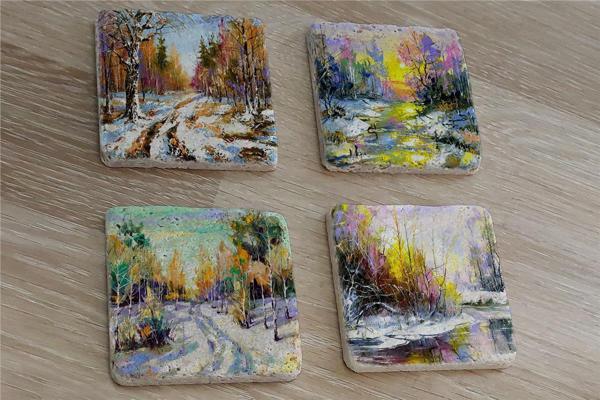 Karlı Kış Manzarası Doğal Taş Bardak Altlığı 4'lü set - Natural Stone Coasters - Image 1