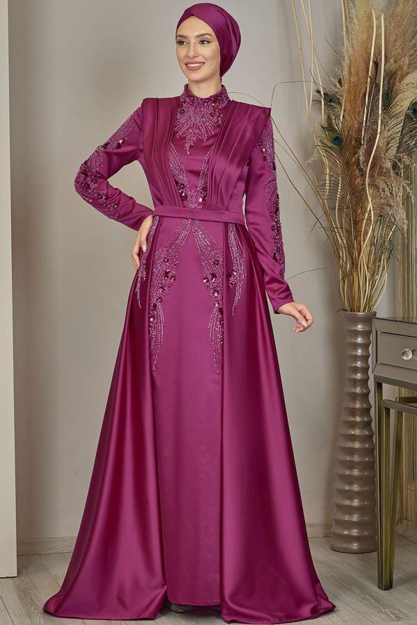 Önü Drapeli Kuyruklu Boncuk İşlemeli Miranda Tesettür Abiye Fuşya - Image 1