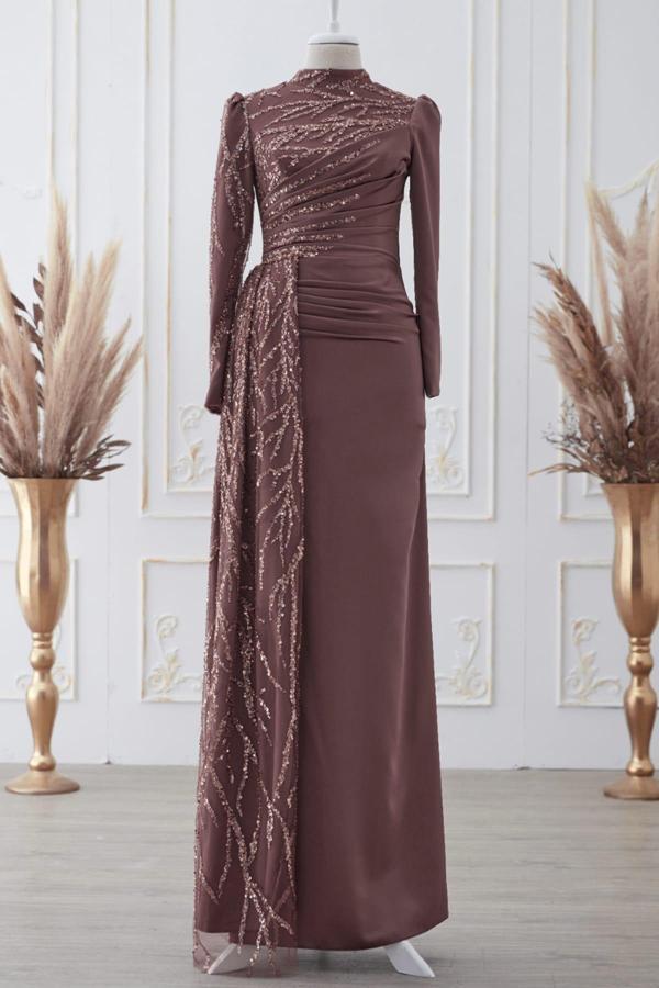 Güneş Tesettür Abiye Kahve - Image 1