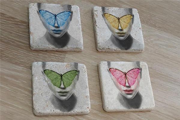 Kelebek Maskeli Kadın Doğal Taş Bardak Altlığı 4'lü set - Natural Stone Coasters - Image 1