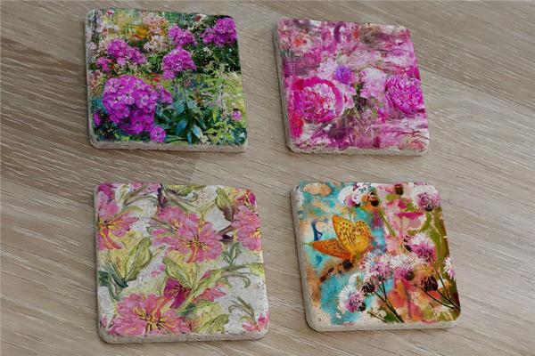 Kelebekli Çiçekler Doğal Taş Bardak Altlığı 4'lü set - Natural Stone Coasters - Image 1